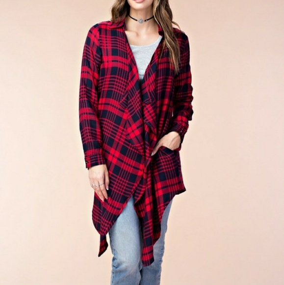 Red Plaid Shirt Cardigan - Picture 2 of 4